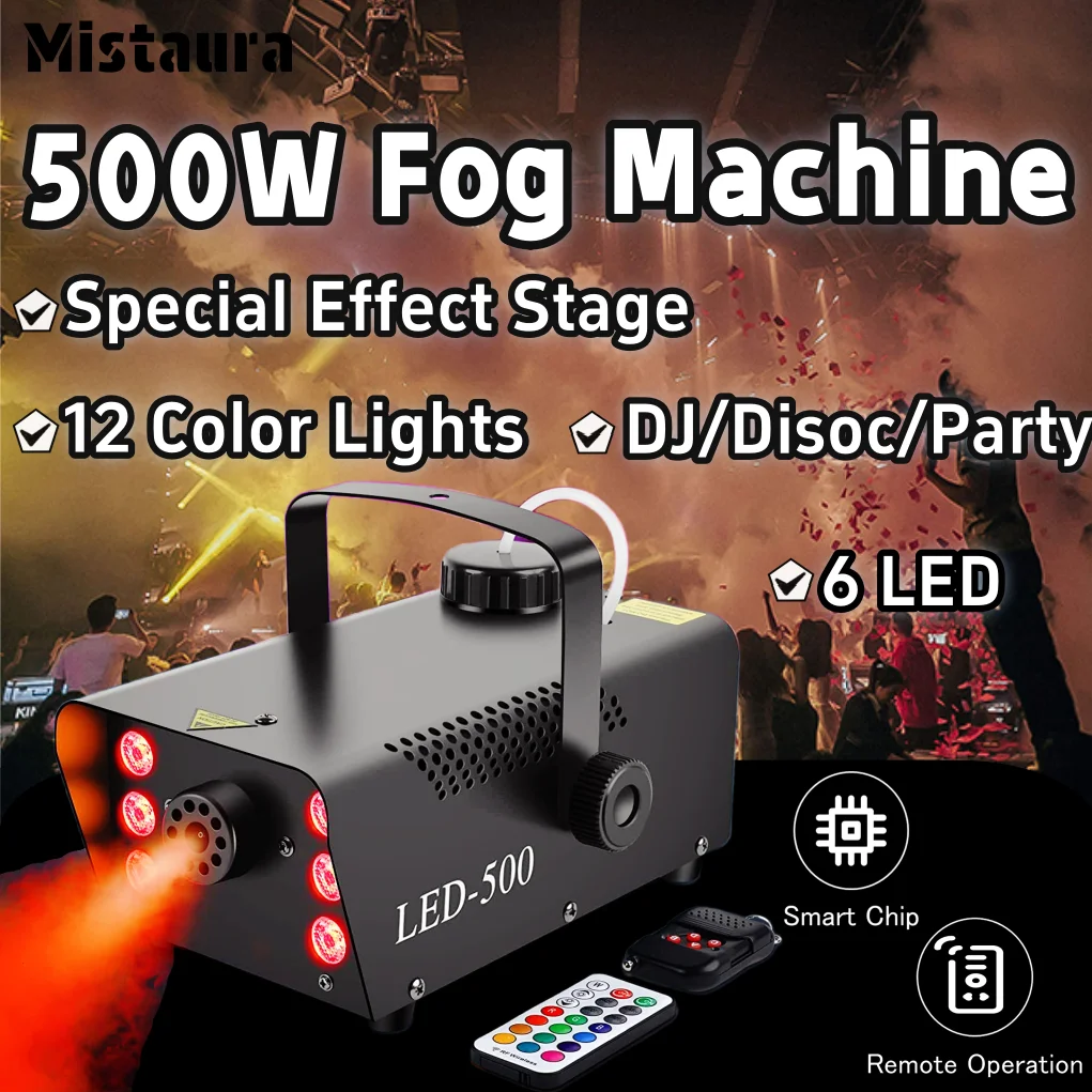 

500W 12 Color Lights Smoke Machine 6 LED Remote Control Fog Machine Special Effect Stage Equipment for DJ Disco Party