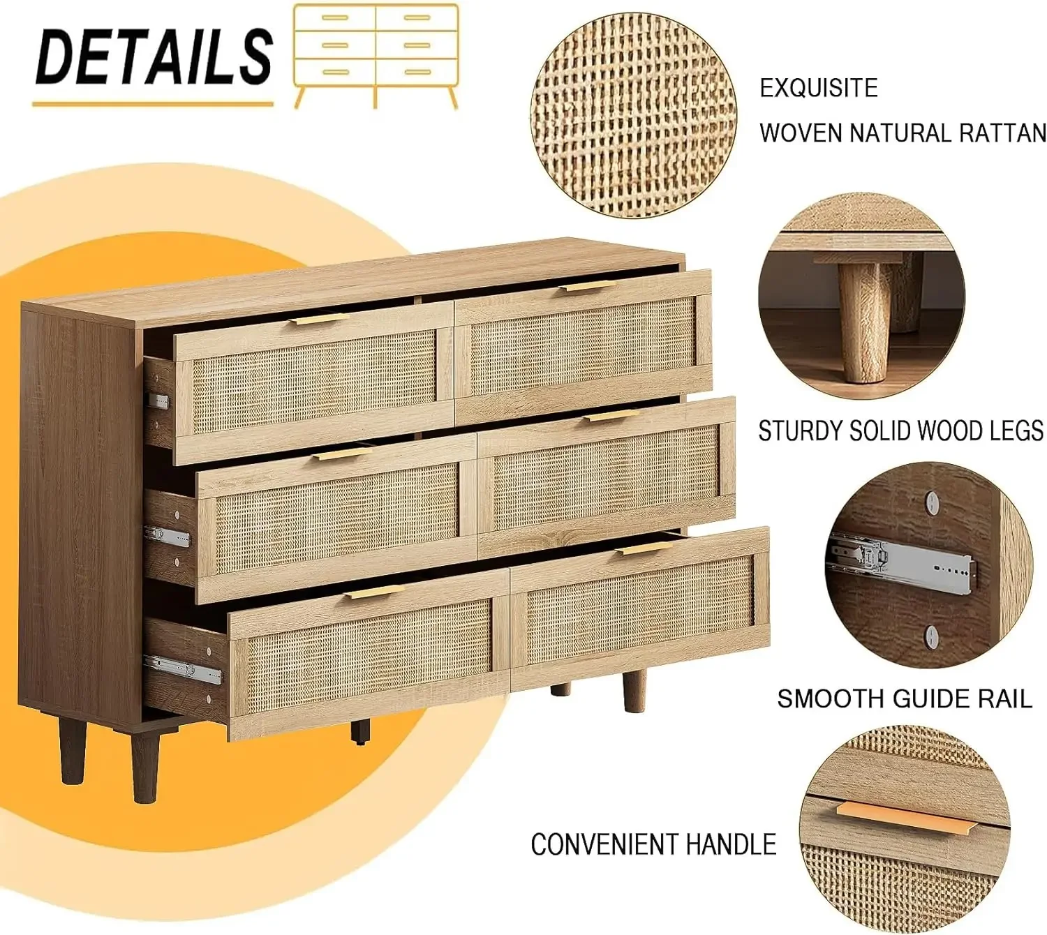 MELChest-Commode double pour chambre à coucher, commode moderne en rotin naturel, armoire de rangement en bois avec foy doré, 6