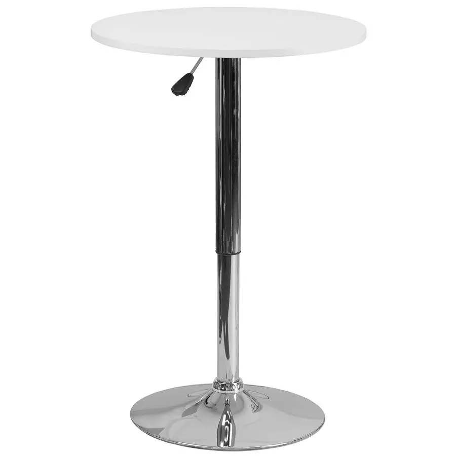 

Pearl 23.75 Round Wood Dining Table with Chrome Base, Narrow Round Wood Cocktail Table, Adjusts 26.25 35.75H, White Silver