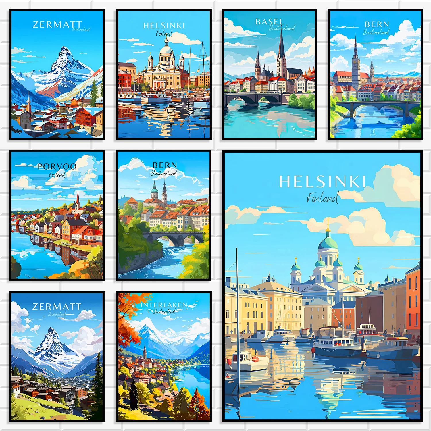 Vintage European Travel Wall Art Poster Switzerland Finland City Scenery Canvas Painting Housewarming Gift For Home Wall Decor