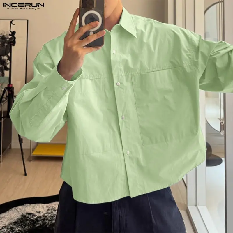 INCERUN Men Shirt Solid Color Lapel Long Sleeve Pockets Casual Men Clothing Streetwear Loose Korean Style Fashion Crop Tops Men