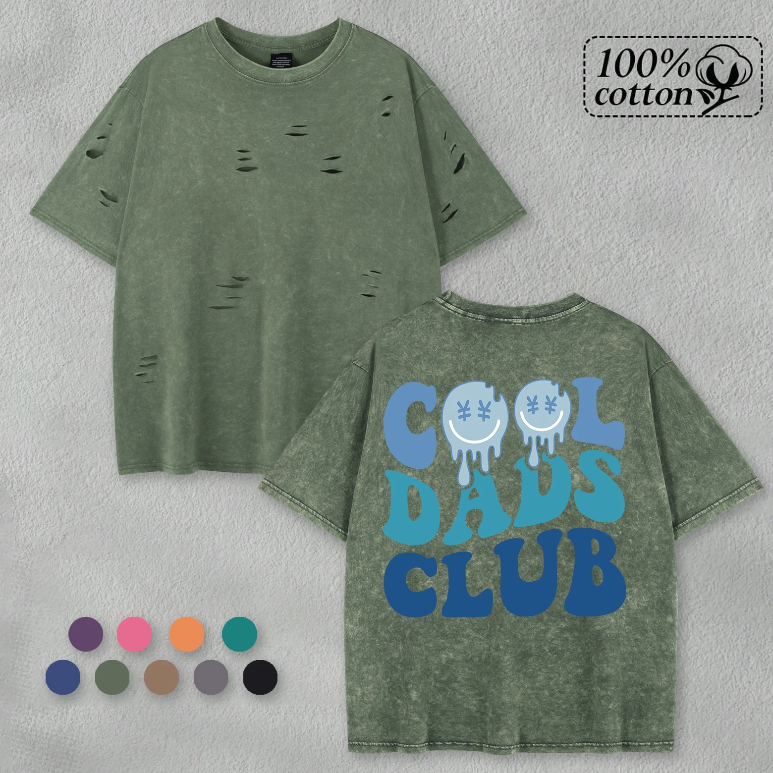 

Cool Dads Club Printed Retro Holes Tee Male Cotton Hip Hop T-Shirts Soft Washed Creative Short Sleeve O-Neck Unisex Vintage Top