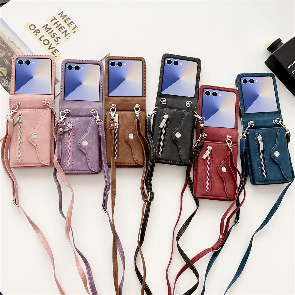 

Leather Crossbody Zipper Wallet Phone Case for Samsung Galaxy Z Flip Card Holder Cover for Models 7 6 5 4 3 Flip7 FE Flip6 Flip5
