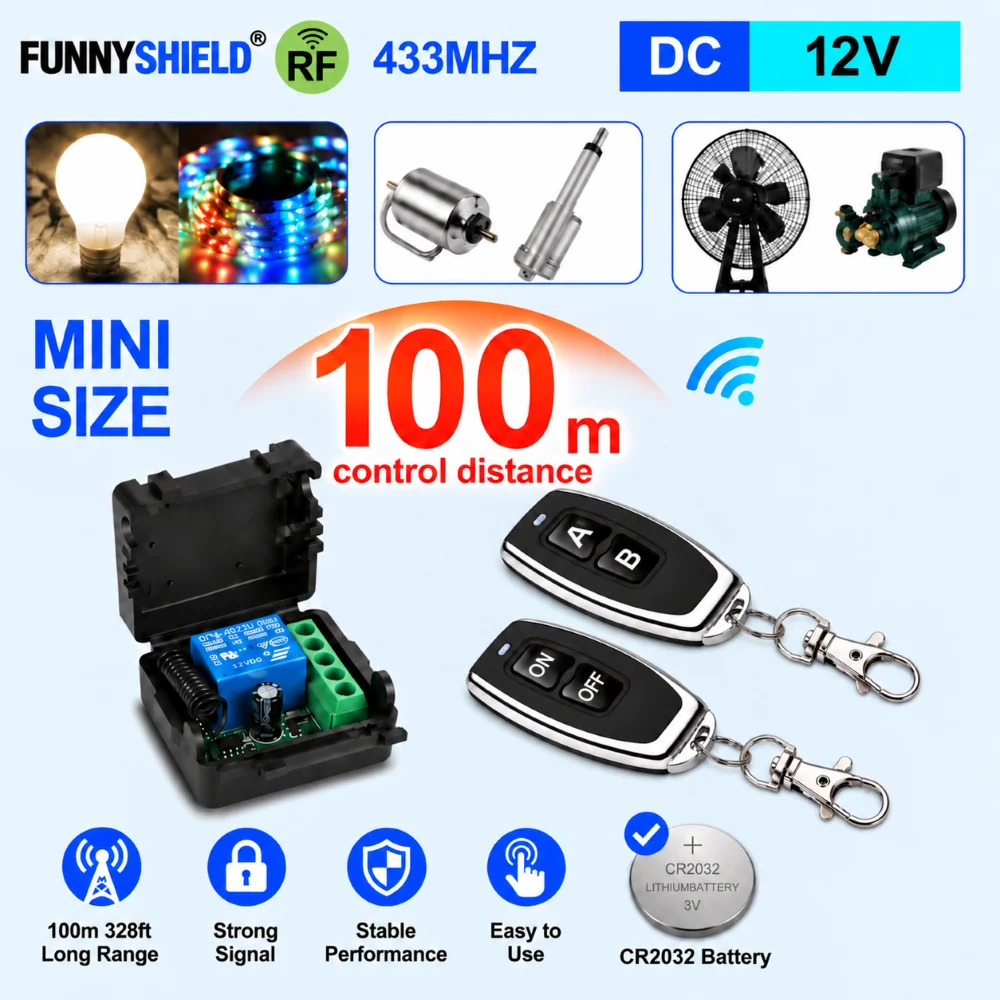 FUNNYSHIELD 433Mhz Remote Control Wireless Switch DC 12V RF 10A Relay Receiver and 2CH Transmitter For Gate LED Garage Door DIY