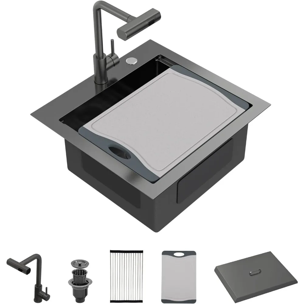 

Black 21x20 Inch Drop-In Outdoor RV Bar Prep Kitchen Sink Workstation with 16 Gauge Stainless Steel Gunmetal Black Finish