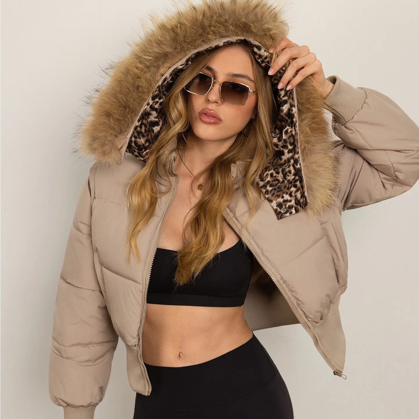 2026 Streetwear Short Parkas Women's Cotton-padded Jacket Detachable-sleeves Hooded Fur-collar Coat Thicken Elastic-waist Jacket