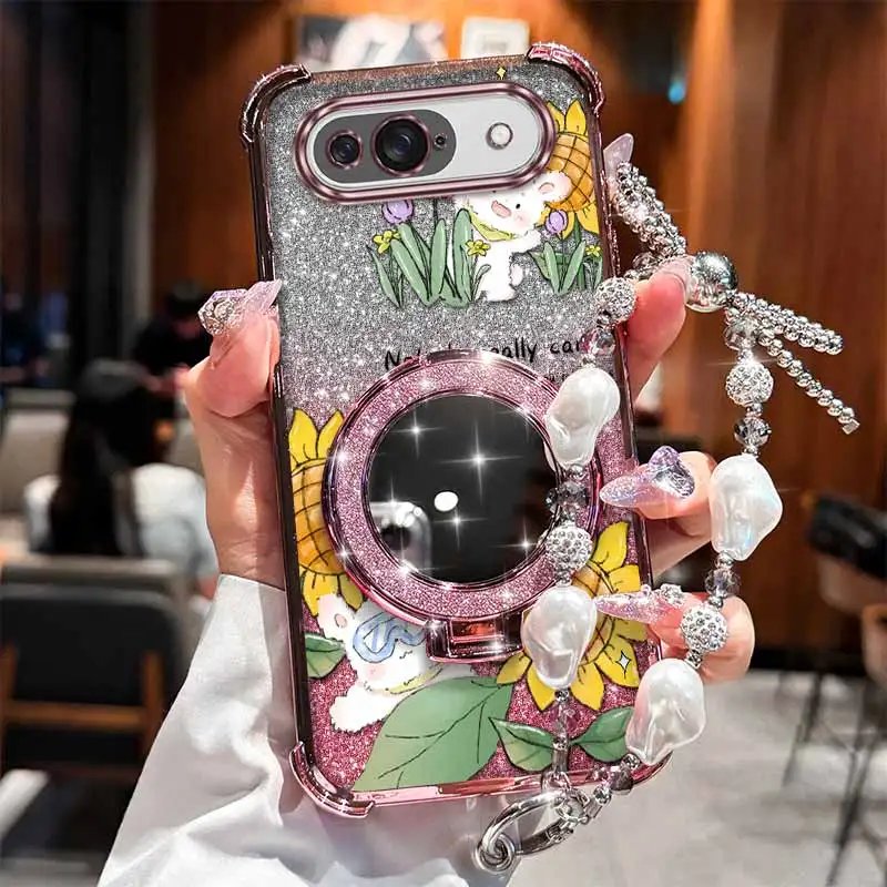 Pixel 9 Happy Rabbit Plating Ständer Lanyard Handyhülle für Google Pixel 9 Pixel 9 Pro Pixel 9 Pro XL Pixel 9a Cover