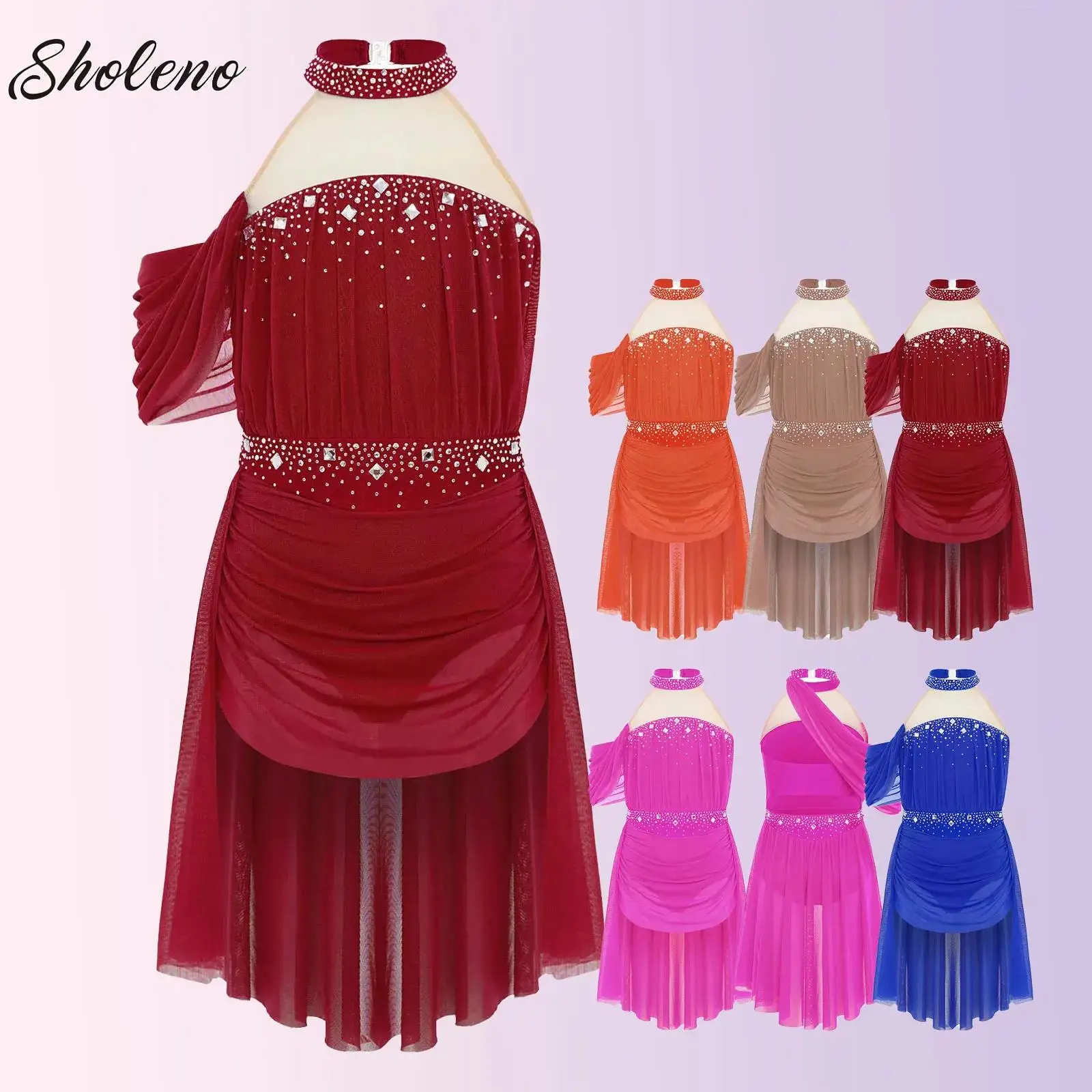 

Teen Girls Figure Skating Performance Costume Halter Ruched Dress Ballet Gymnastics Leotard Tutu Modern Lyrical Dance Clothes