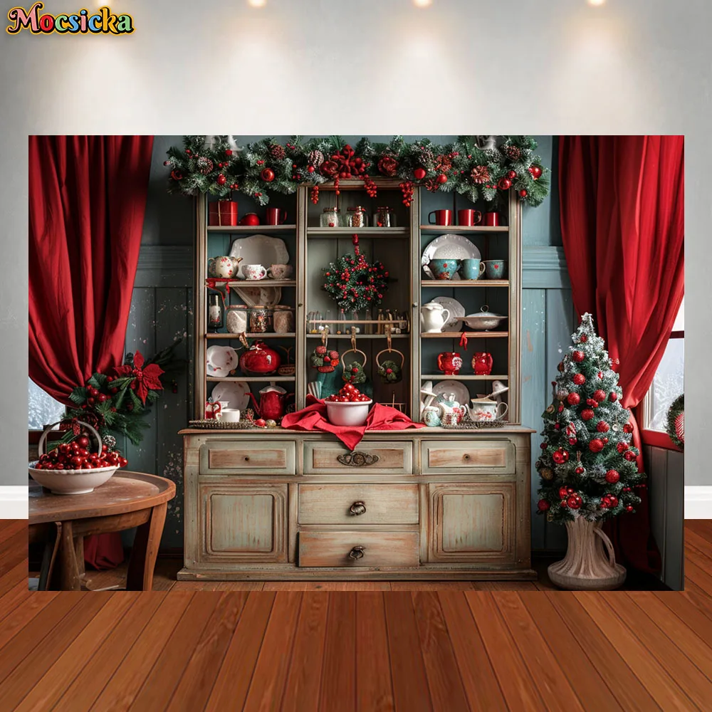 Christmas Kitchen Photography Background Winter Window Xmas Tree Gifts Kids Family Portrait Decor Backdrop Photo Studio Props