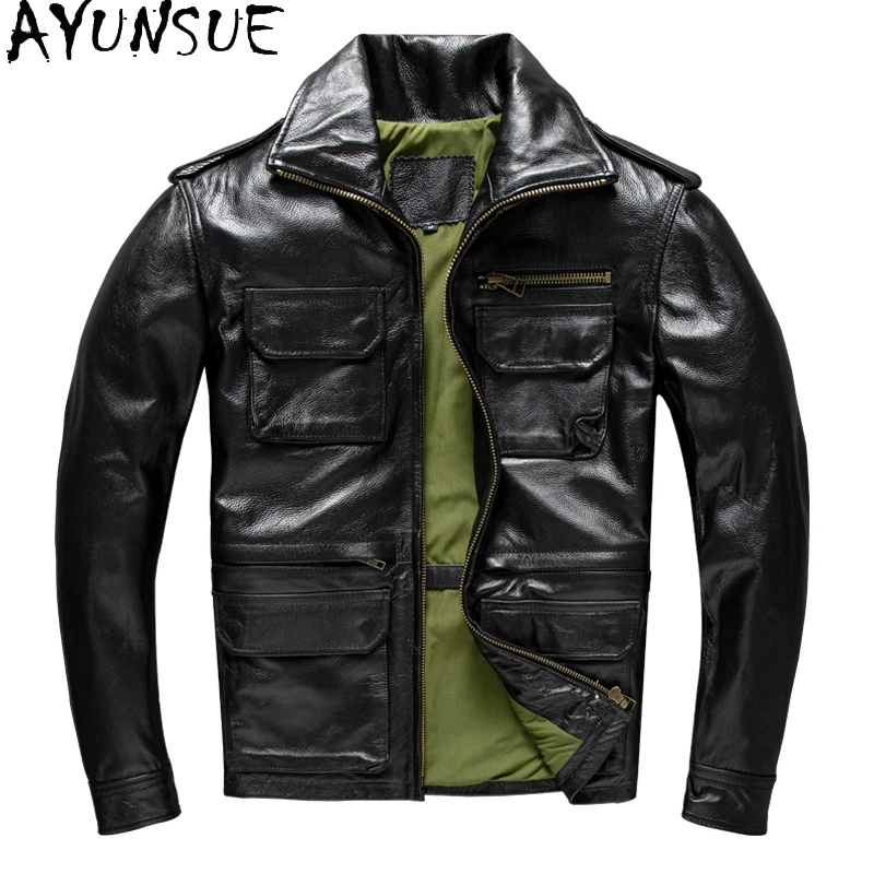 

Soft Genuine Leather Jacket Cowhide Short Coats Autumn Motorcycle Jackets Two Colors Chamarras De Cuero Para Hombre