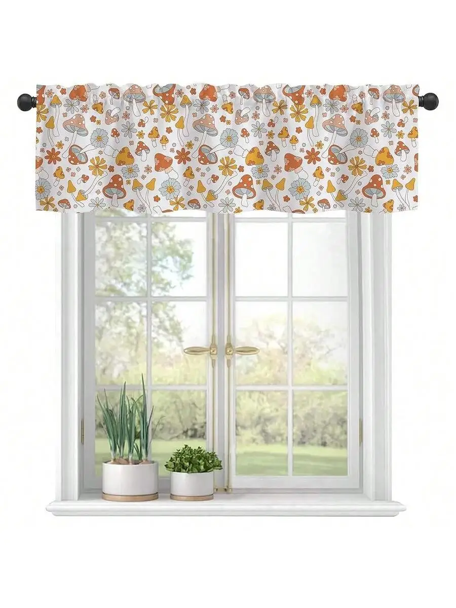 Blue Wildflower Butterfly Semi Sheer Rod Pocket Valance Window Treatment For Kitchen Living Room