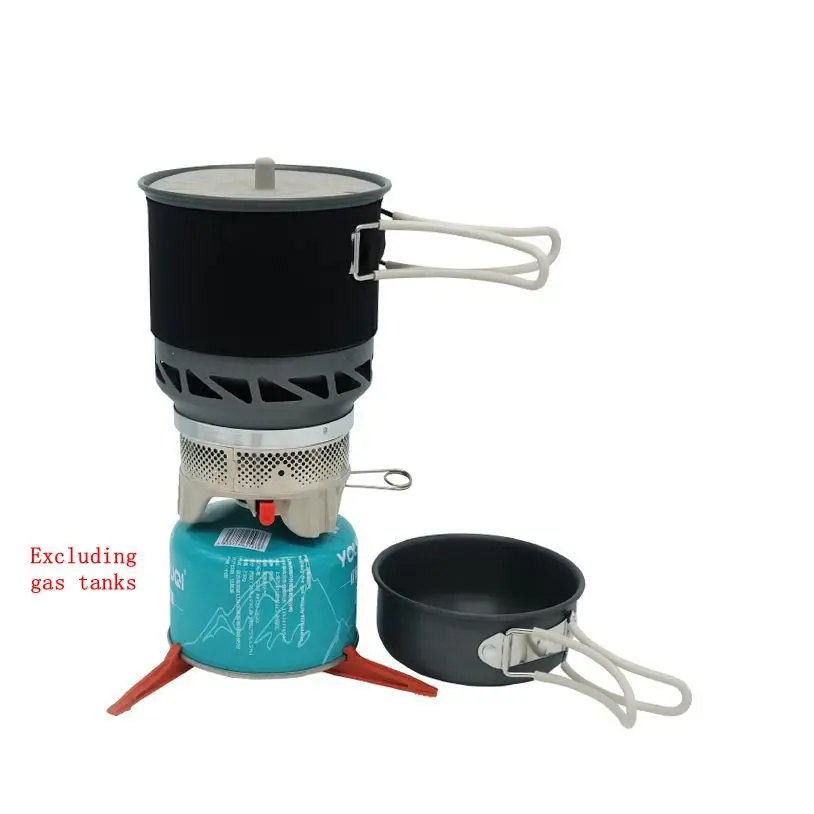 Camping cooking system with heat collection function outdoor gas burner stove travel pot set cups tableware cooking utensi