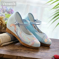 Veowalk 5cm Hidden Wedge Women Cotton Fabric Platforms Shoes Phoenix Embroidered Vintage Ladies Comfortable Shoes