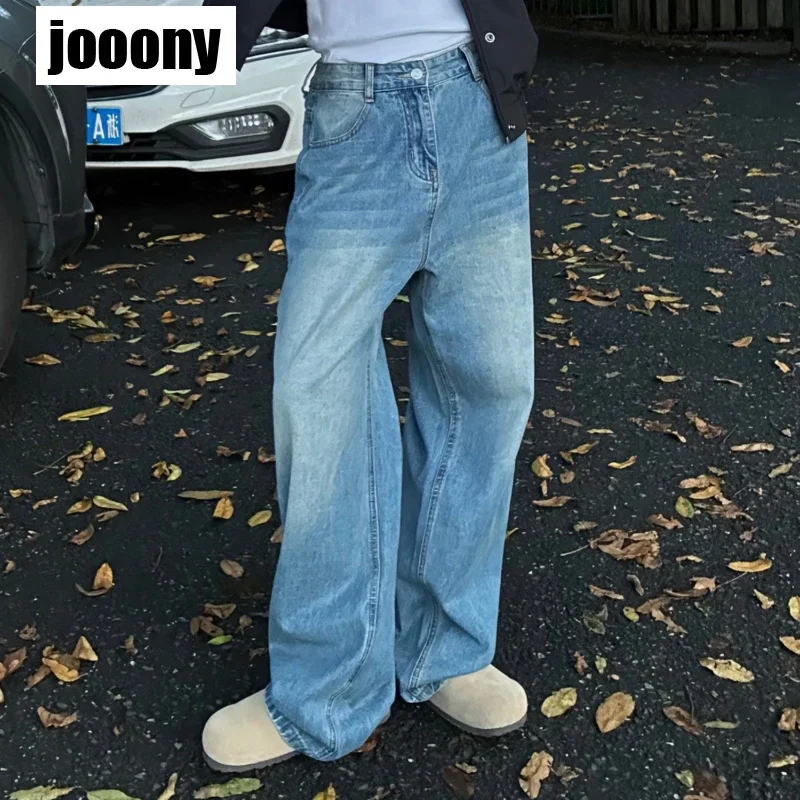 

Винтажные широкие джинсы в корейском уличном стиле, повседневные, свободного кроя, в стиле Харадзюку, для мужчин, светлые, прямые, с эффектом потертости