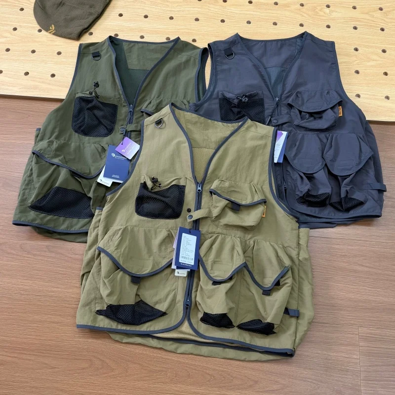 軽量アウトドアフィッシングスプリングポケットベスト-カップルスタイル-カジュアルウェア-vネックジッパー開閉-レギュラー丈-メンズベスト