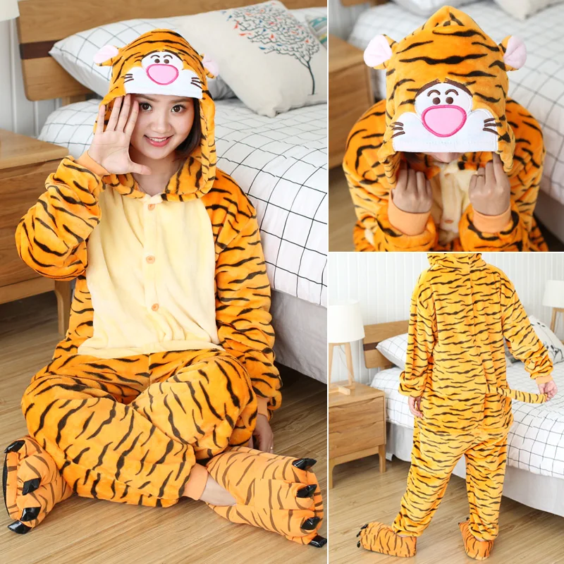 Kigurumi Jumping Tiger Cartoon Onesies Adults Kids Animal Pajamas Jumpsuits Anime Cosplay Costumes For Christmas Halloween Party