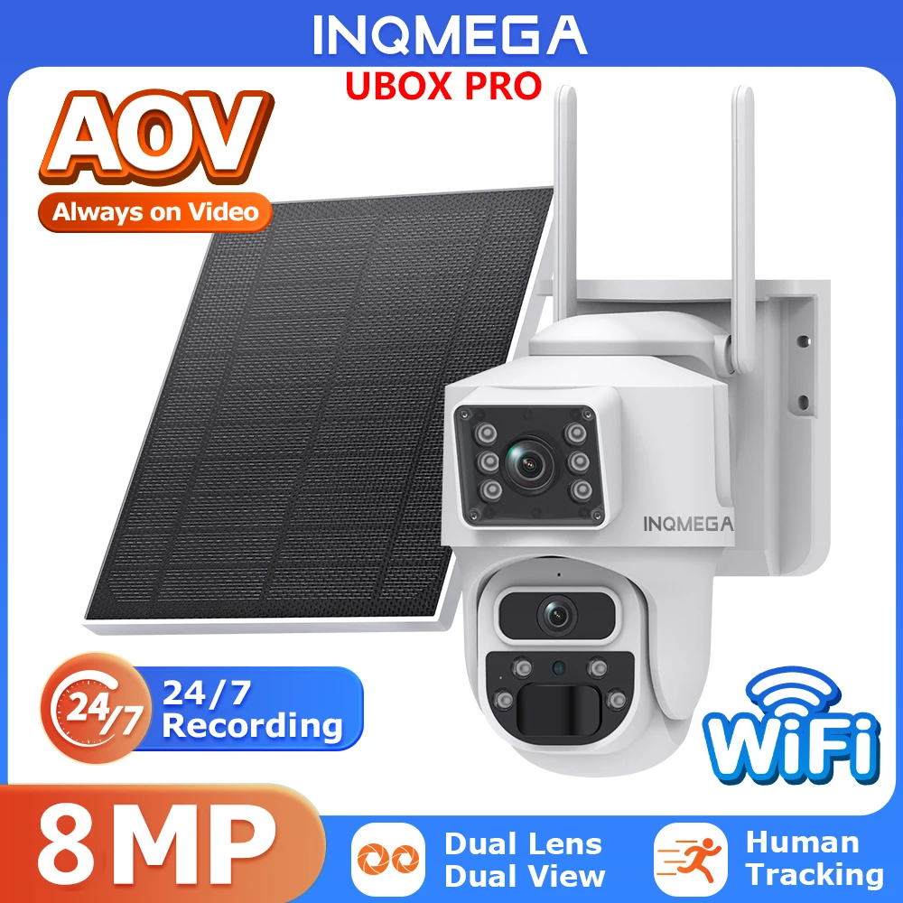 INQMEGA AOV 4K 4G Solar Camera 24/7 Recording Built-in Battery WIFI Camera Outdoor 8MP Auto Track Security Two-way Talk UBOX PRO