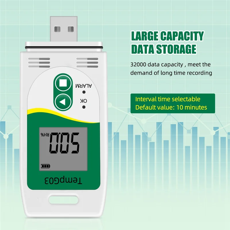 HFES Tempg03 USB مسجل بيانات درجة الحرارة والرطوبة قابل لإعادة الاستخدام مسجل بيانات درجة الحرارة مسجل الرطوبة تسجيل متر بسعة 32,000