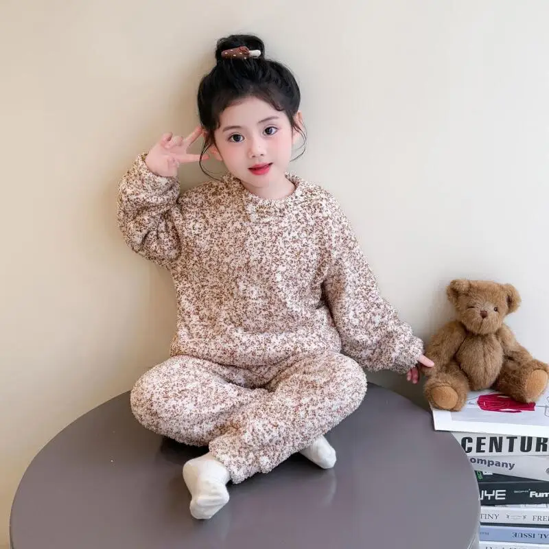 فتاة الشتاء Homewear قطعتين مجموعة بلايز السراويل الخريف رشاقته الجولة الرقبة منامة الطفل الدفء Kawaii موضة ملابس كاجوال #5