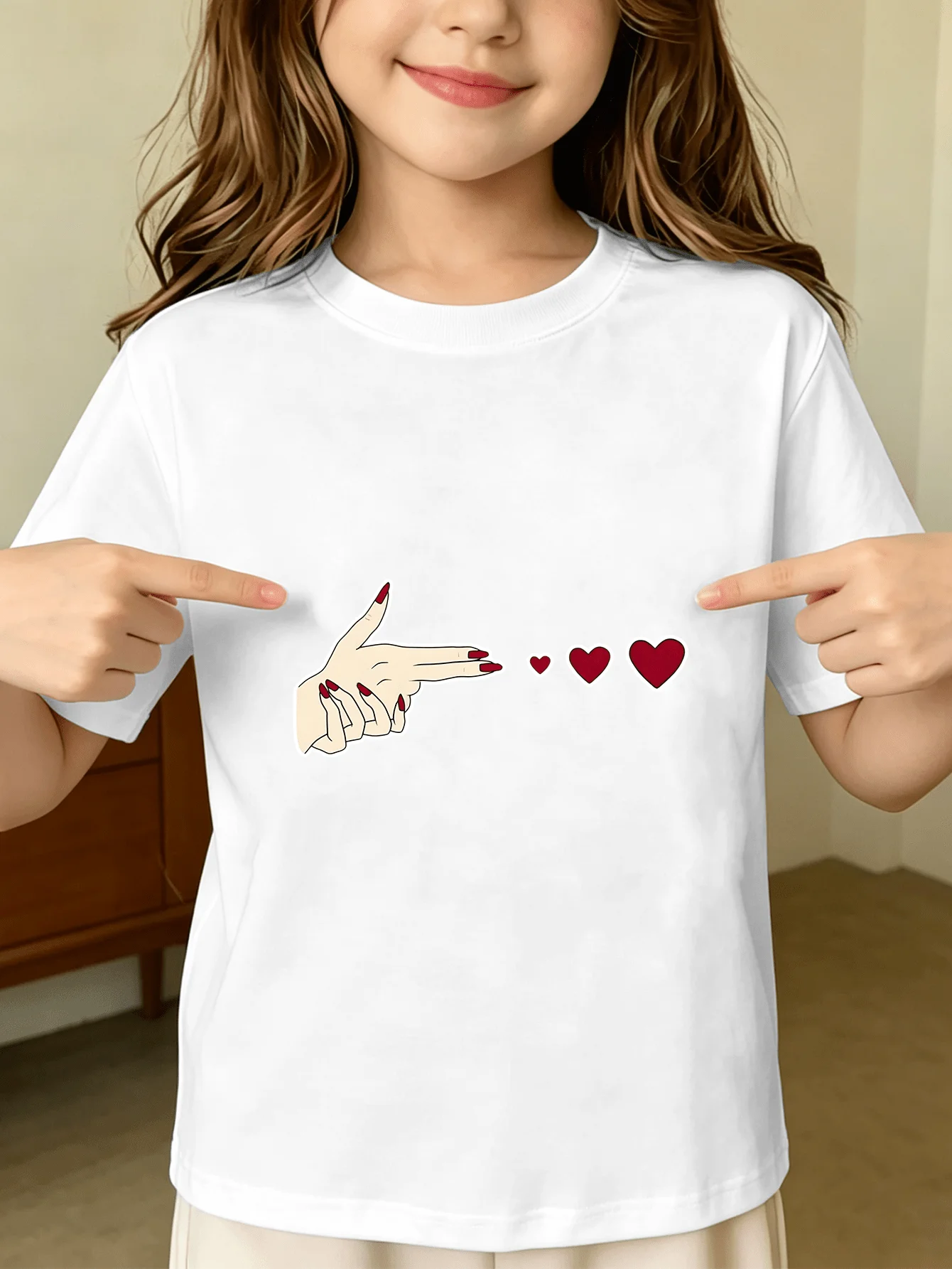 Hand Gesture Shooting Red Hearts Cute Cartoon Graphic Kids T Shirt Boys Girls Family Matching Summer Crew Neck Short Sleeve Tee