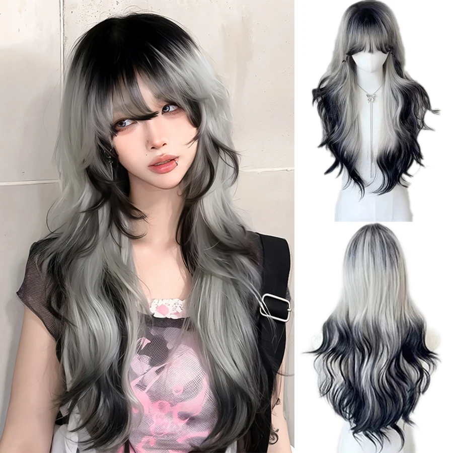 Long Body Wave Black And Gray Ombre Cosplay Wigs Heat Resistant Synthetic Wigs Bangs Natural Lolita Wigs For Women Halloween