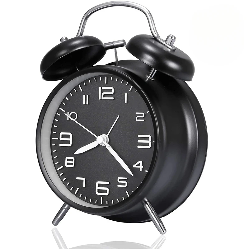 Metal Frame Twin Bell Alarm Clock - 4 Inch, 3D Dial with Backlight, Loud Battery-Powered Desk Clock for Home & Office Use