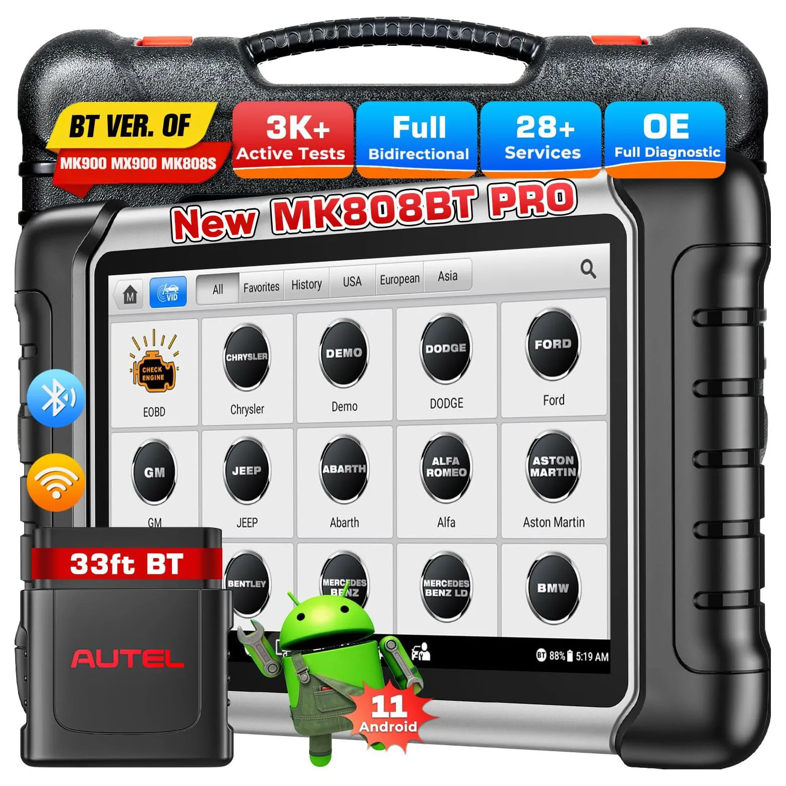 Autel Maxicom Mk808Bt Pro Auto Car Diagnostic Scan Tool Obd2 Bluetooth Automotive Scanner Bi-Directional Code Reader All System Pk Mk808Kbt Mk808S