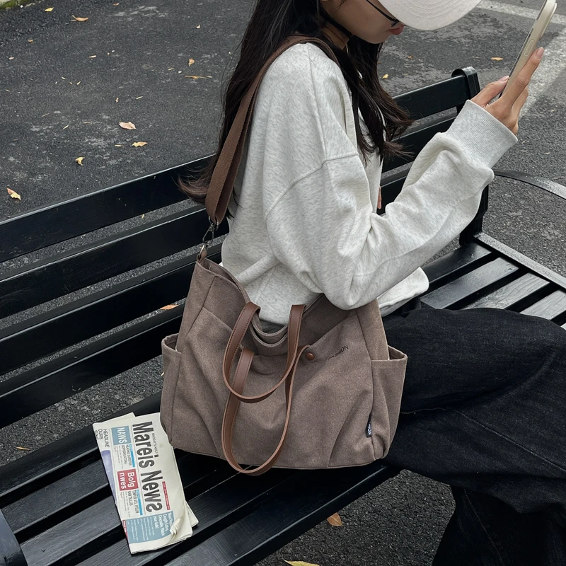 Canvas Tote Bag with Multi Pockets for Women, Large Capacity Handbag with Leather Handle and Crossbody Strap, Shoulder Bag