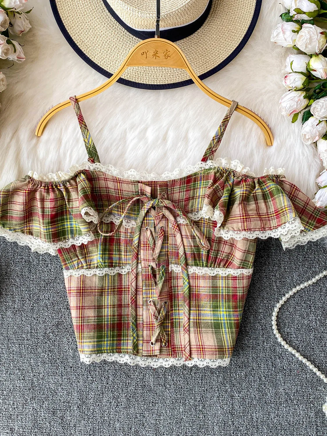 

Slim Fit Plaid Strapl Lace Hem Blouse Women's New Sle Korean Commute Sle ort irt Korean Version Bellsve