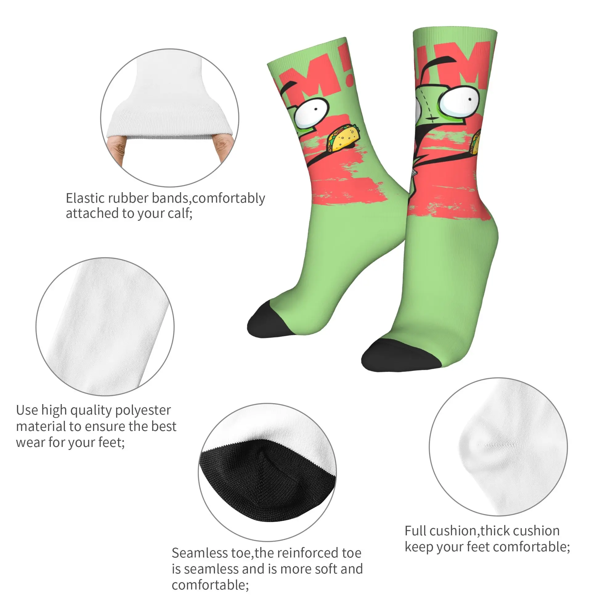 Crazy Design Invaders Zims  Basketball Socks GIR Screaming Yum Taco Polyester Middle Tube Socks for Unisex Non-slip,
