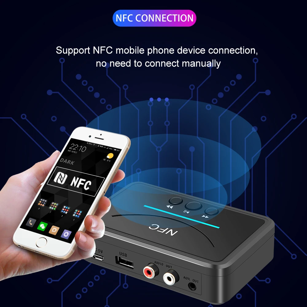 KEBIDUMEI Odbiornik Bluetooth 5.0 z NFC, gniazdem 3.5mm, 2RCA, USB, adapter audio HiFi stereo do PC, samochodu, głośników, wzmacniacza — zdjęcie produktu 3