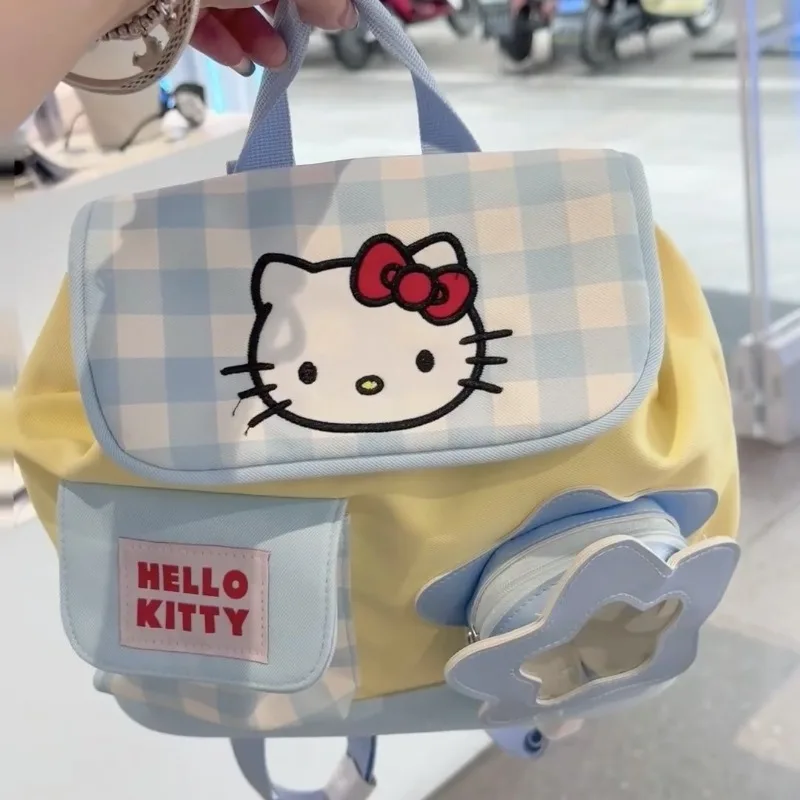 

2025 New Design Sanrio Hello Kitty Kawaii School Backpack Girls Gift Cute Plaid Mini Bag Cartoon High Value Backpack