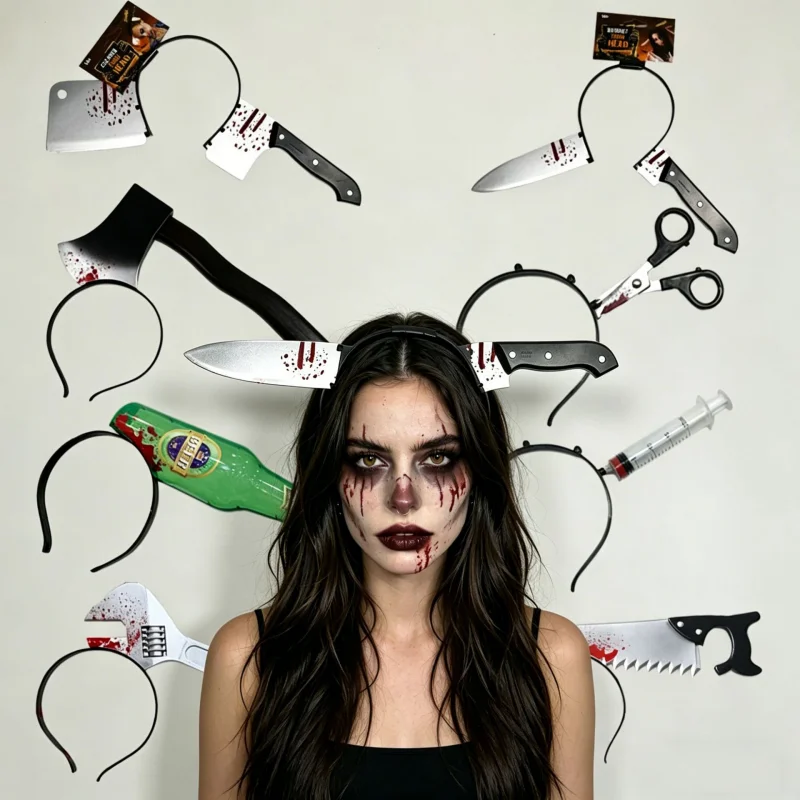 Diadema de Halloween LUSQI con diseño de cabeza de cuchillo sangriento, de plástico, con diseño de cabeza falsa, aterrador, para cosplay, divertido juguete de broma para adultos y niños