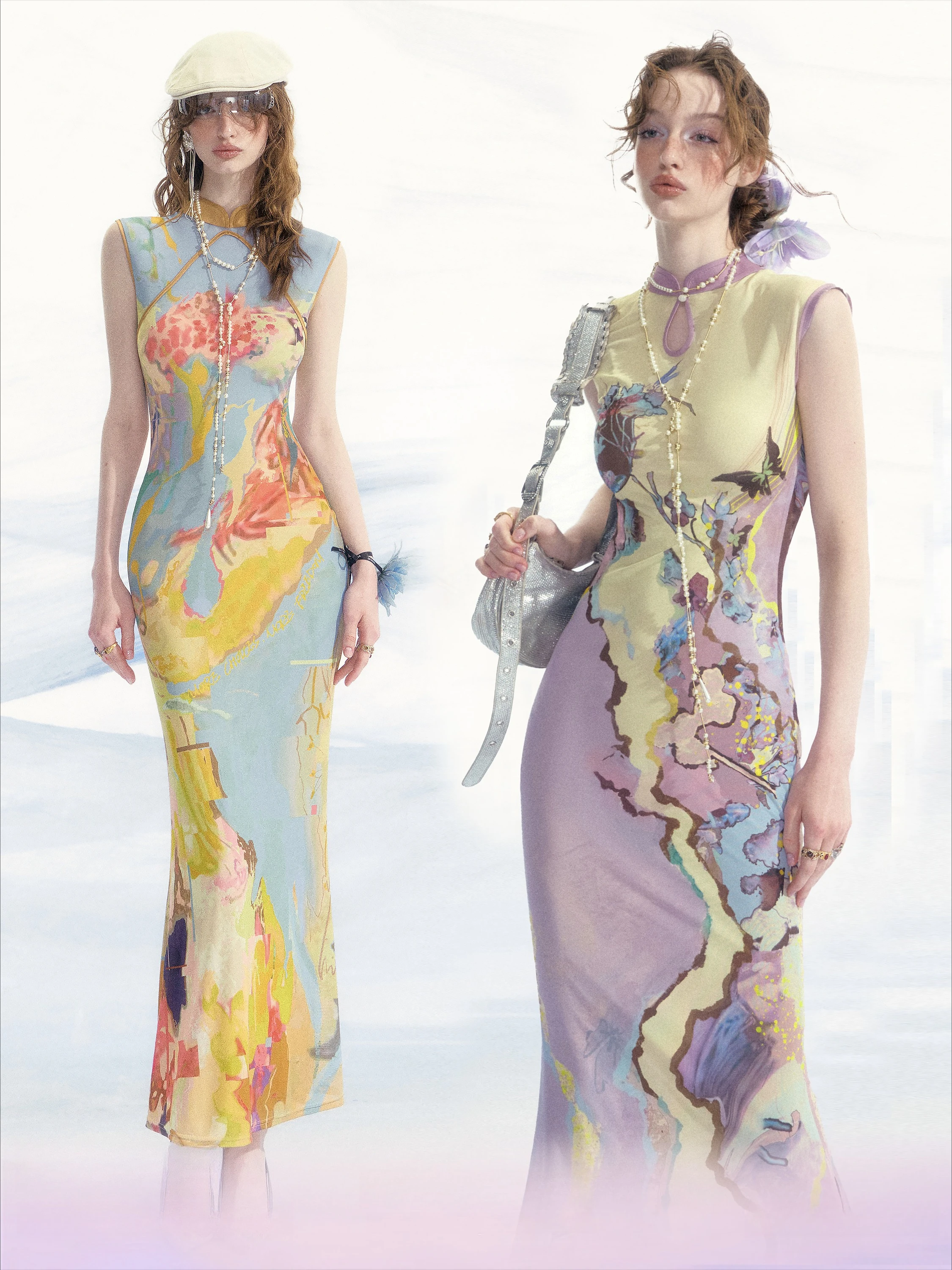 

New Chinese-style Printed Cheongsam Dress, Women's Front and Rear Two Wear Mesh Vest Dress
