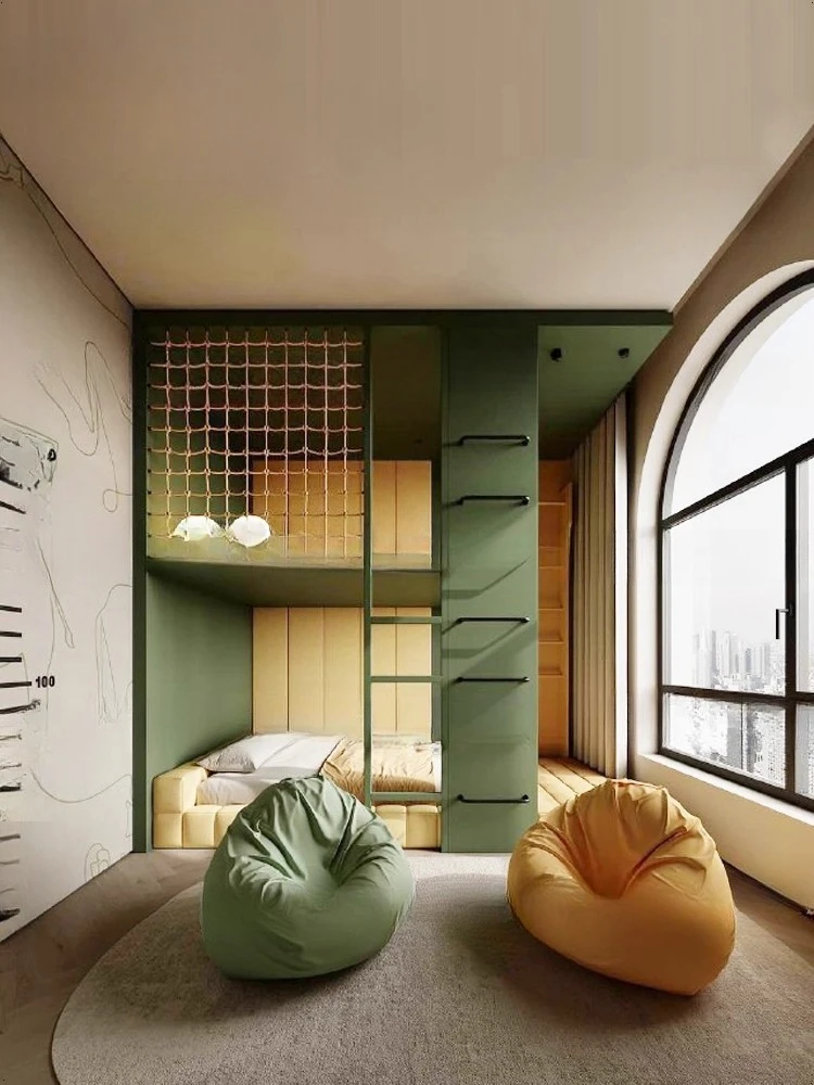 Nowoczesne minimalistyczne łóżko, łóżko w kształcie domku na drzewie, domek do zabawy dla dzieci z możliwością wspinaczki