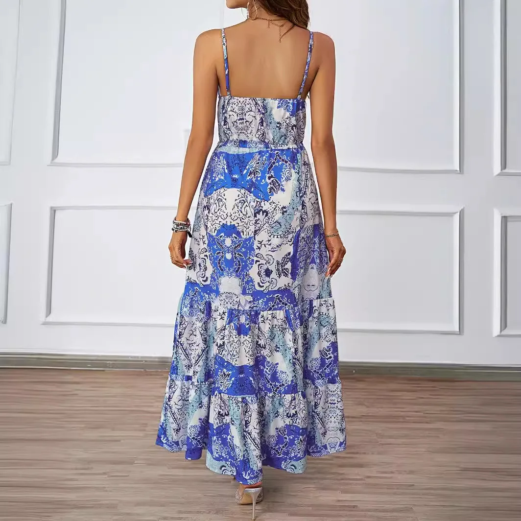 

Сексуальное женское платье с V-образным вырезом и завязками на талии, длинное, с цветочным принтом, А-силуэт, повседневное, на молнии, из полиэстера