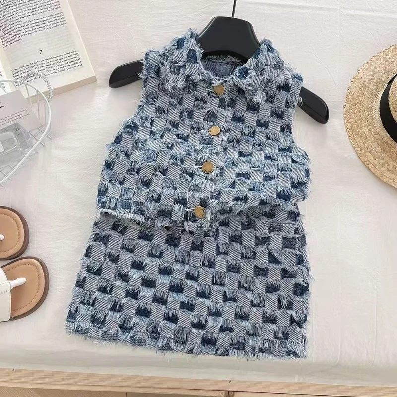 Girls Cowboy Set 2025 Summer New Korean Edition Fashion Hairy plaid Cowboy Vest Short Skirt 2-piece Set Children's Baby Set