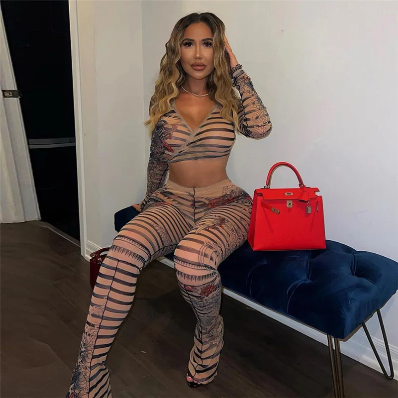 Women 2 Piece Stripped Print Mesh Cropped Shirts Tops Leggings Sets Lace Up Low-cut Top High Waist Pants Party Two Piece Outfits