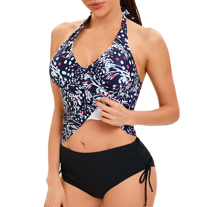 Tankini de 2 piezas con estampado Sexy para mujer, traje de baño conservador deportivo de cintura alta, Bikini con cordones, cuello en V, traje de baño Halter sin espalda 2024