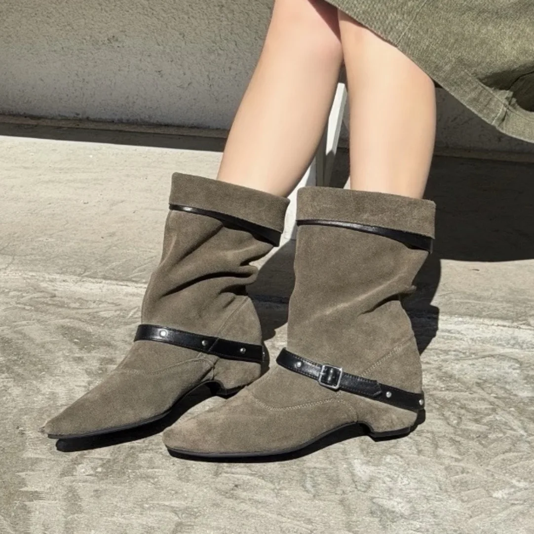 Botas Chelsea de Mujer, Versión de Cuero, Doble Uso, Botas Vaqueras Occidentales, Botas de Media Pantorrilla, Tacón Apilado, Estilo Retro, Suela de Goma