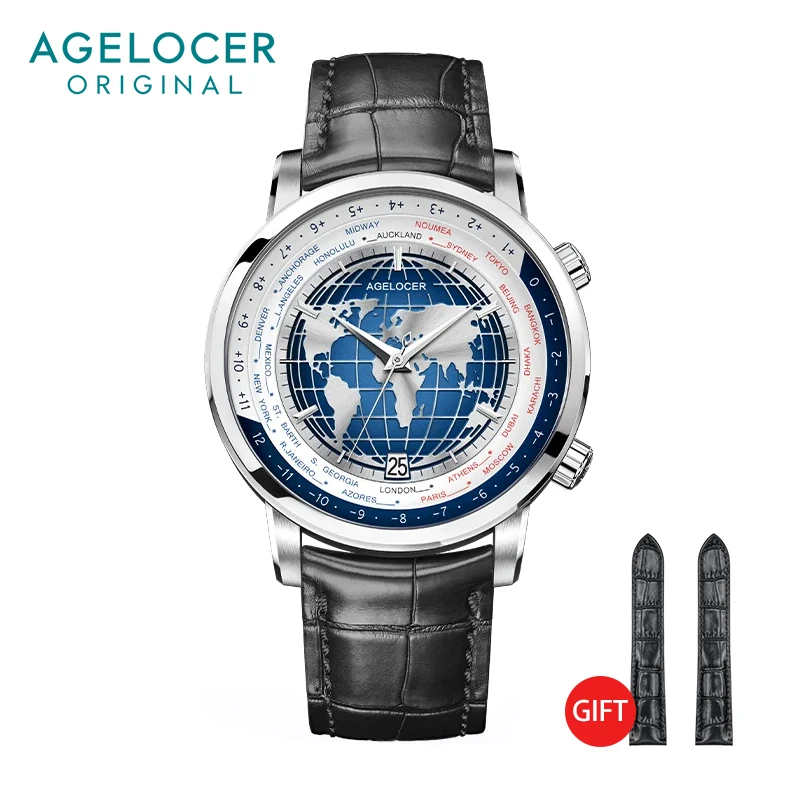 

AGELOCER Men's Top Brand Blue World Time Automatic Mechanical Dress Analog Calendar Fashion Luxury Stainless Steel Watch