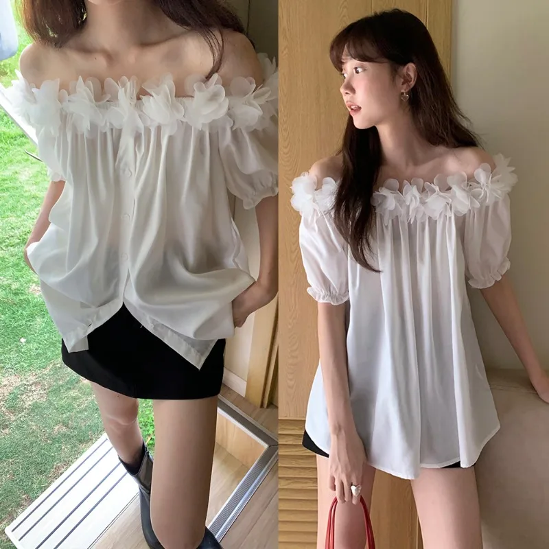 French Style Delicate Three-dimensional Flower Puff Sleeve Blouse Slash Neck Reversible Buttons Shirts 2024 Summer New Blusas