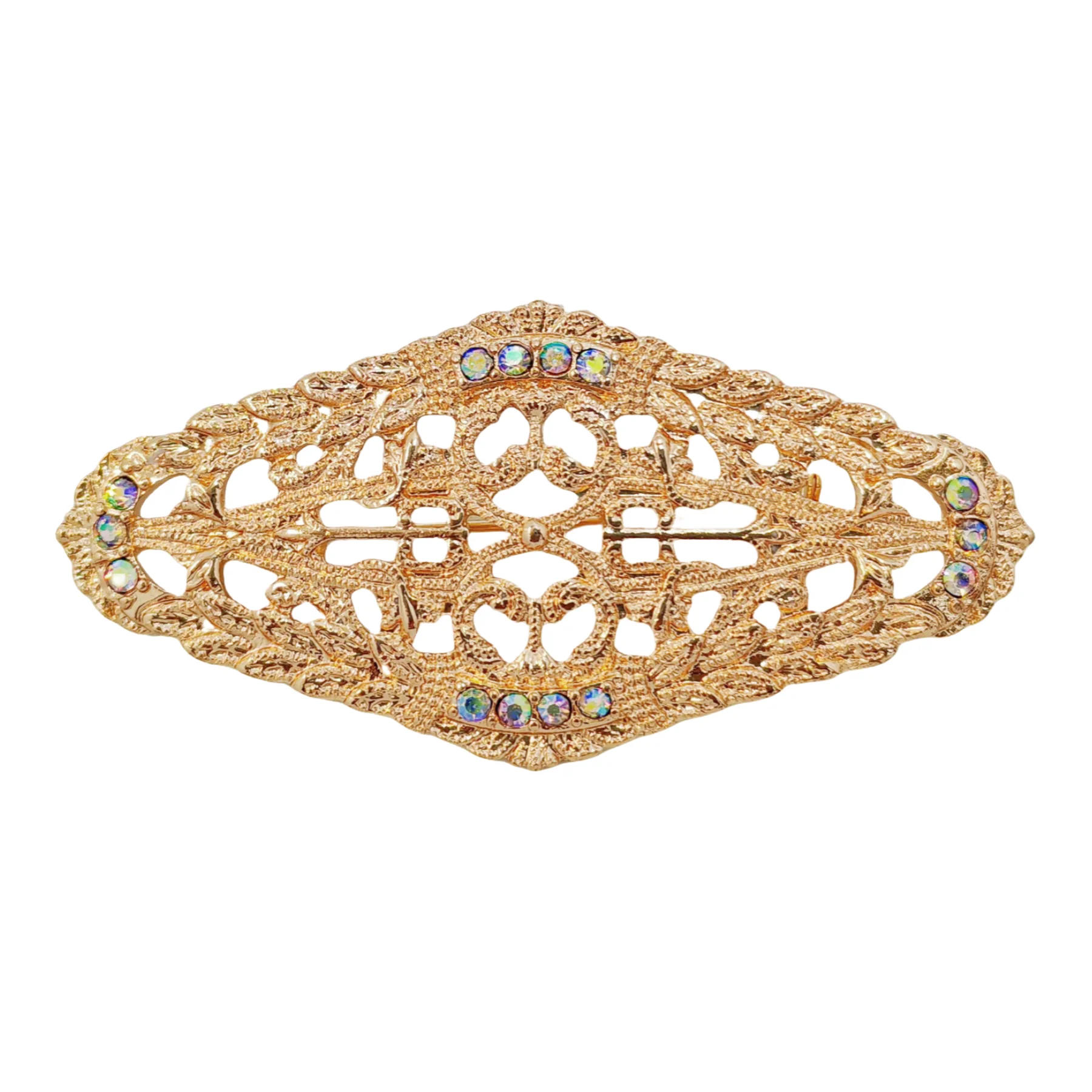 

Elegant Gold - toned Oval Shaped Filigree Brooch with Crystal Embellishments