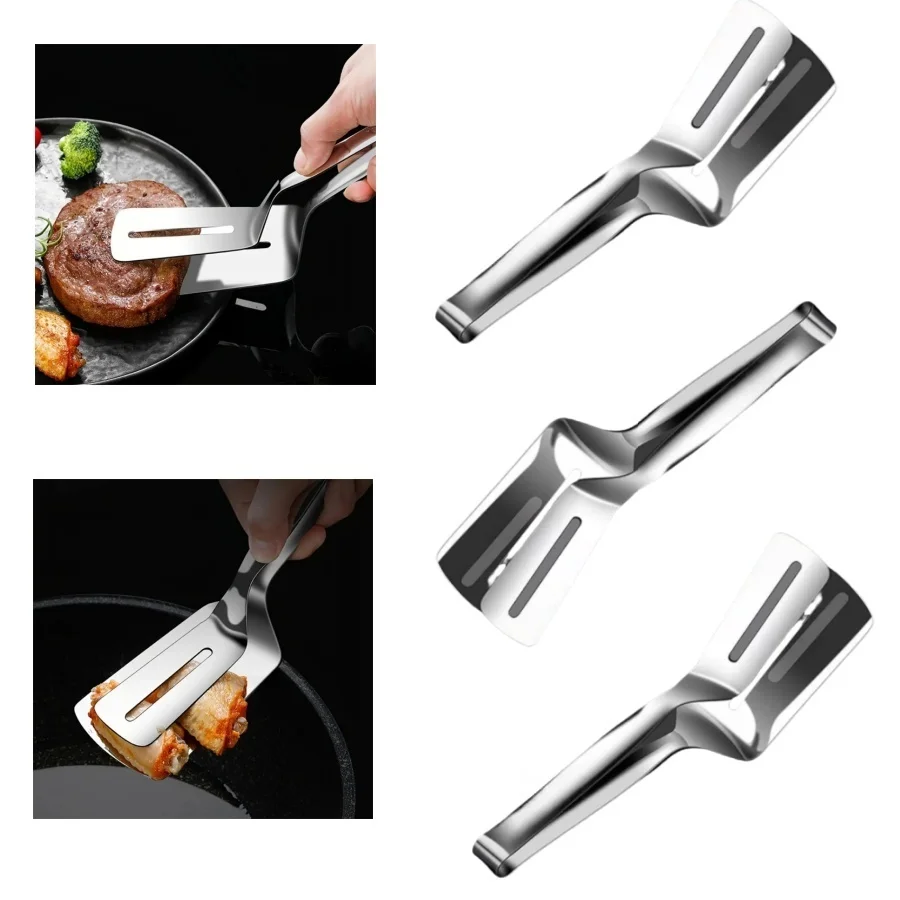 1/3pc Stainless Steel Food Clip Steak Turner Tongs, Hollow Design Kitchen Cooking Spatula for Frying Fish, Beef and Grilling