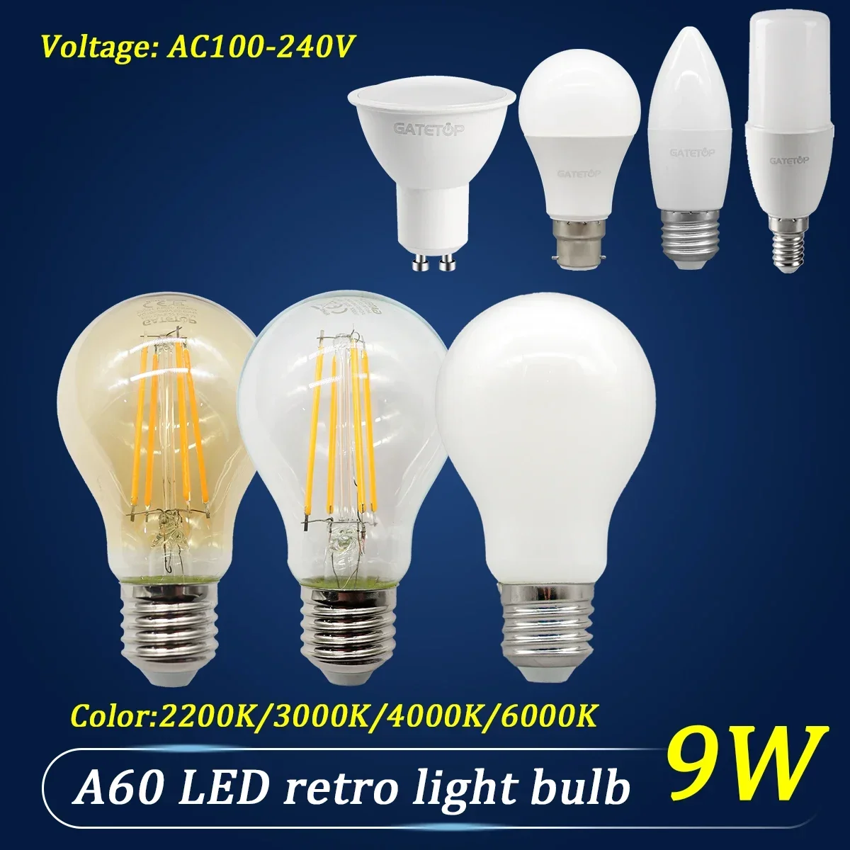 2PCS E27 Retro Edison Vintage Lamp LED Filament Bulb B22 E14 GU10 Spot Light AC100V-240V Light Bulb Glass Bulb