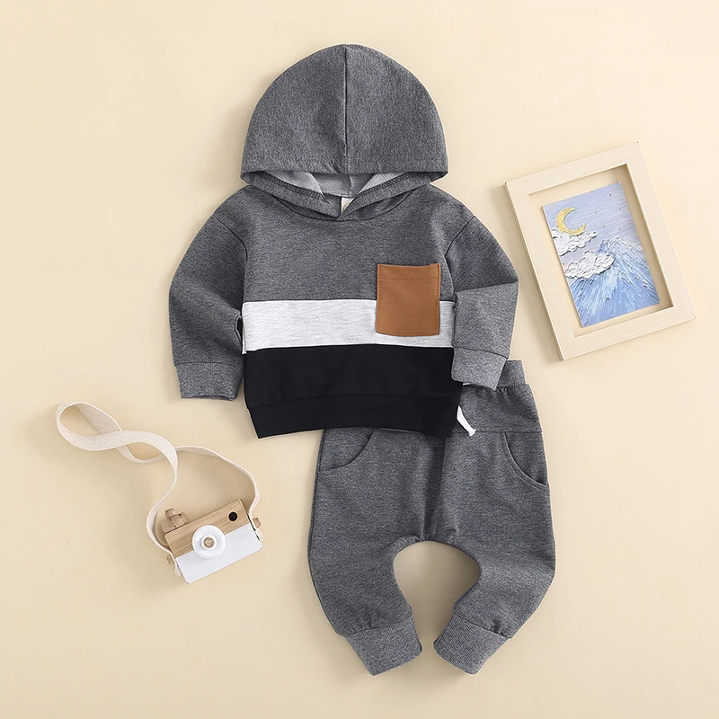 

Suefunskry Toddler Boys 2Pcs Fall Outfits Contrast Color Hooded Long Sleeve Hoodies Pullover Tops and Long Pants Set 0-3Years