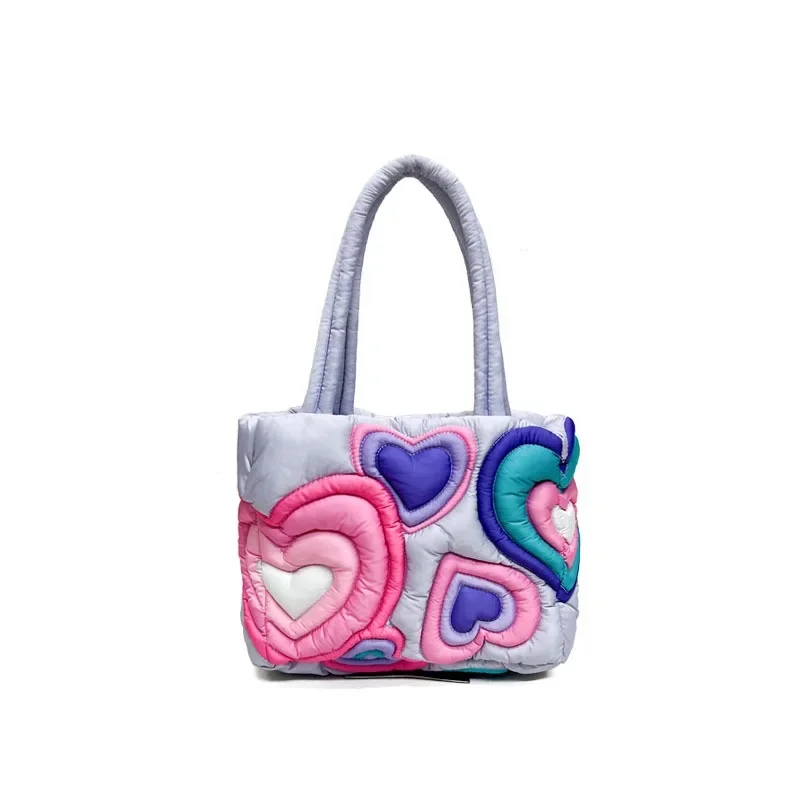 

Down Bag Women's Large-Capacity Large Bag Love Printed Fluffy Connection Cute Portable Shoulder Bag Tote