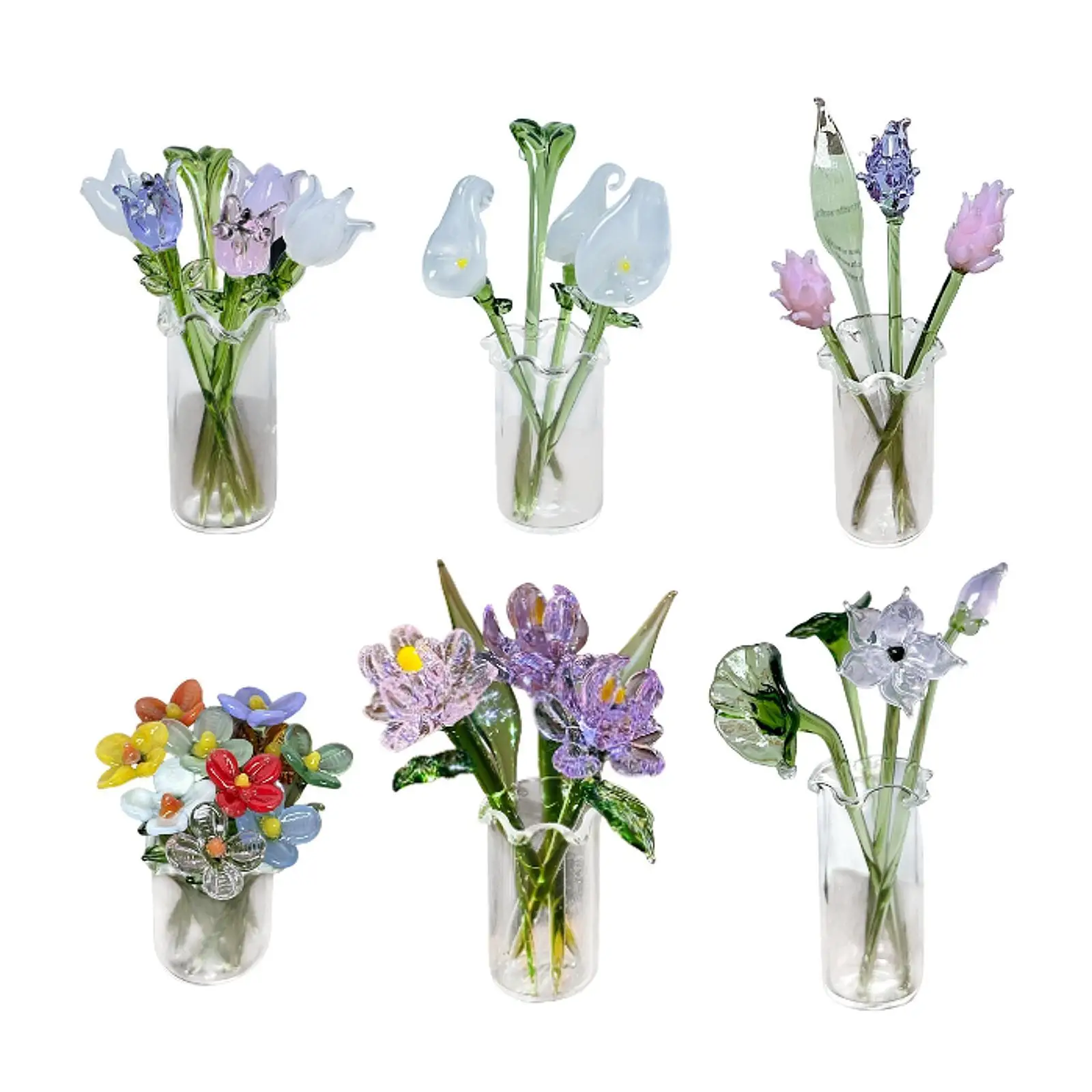 Glass Flowers Figurine with Vase Luxury Decorative Objects Collectible Ornaments for Room Decoration