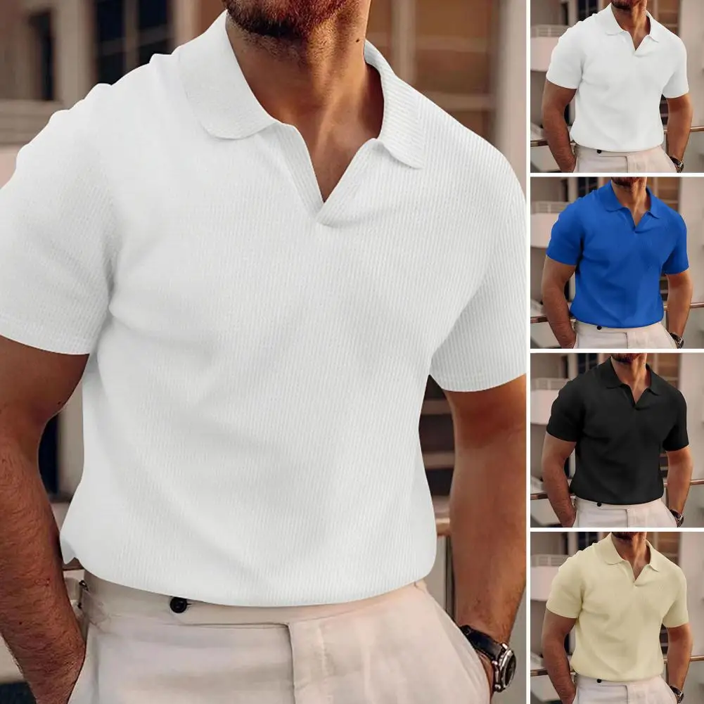 2025 new cross-border men's summer lapel T-shirt men's heavy waffle solid color casual short sleeves