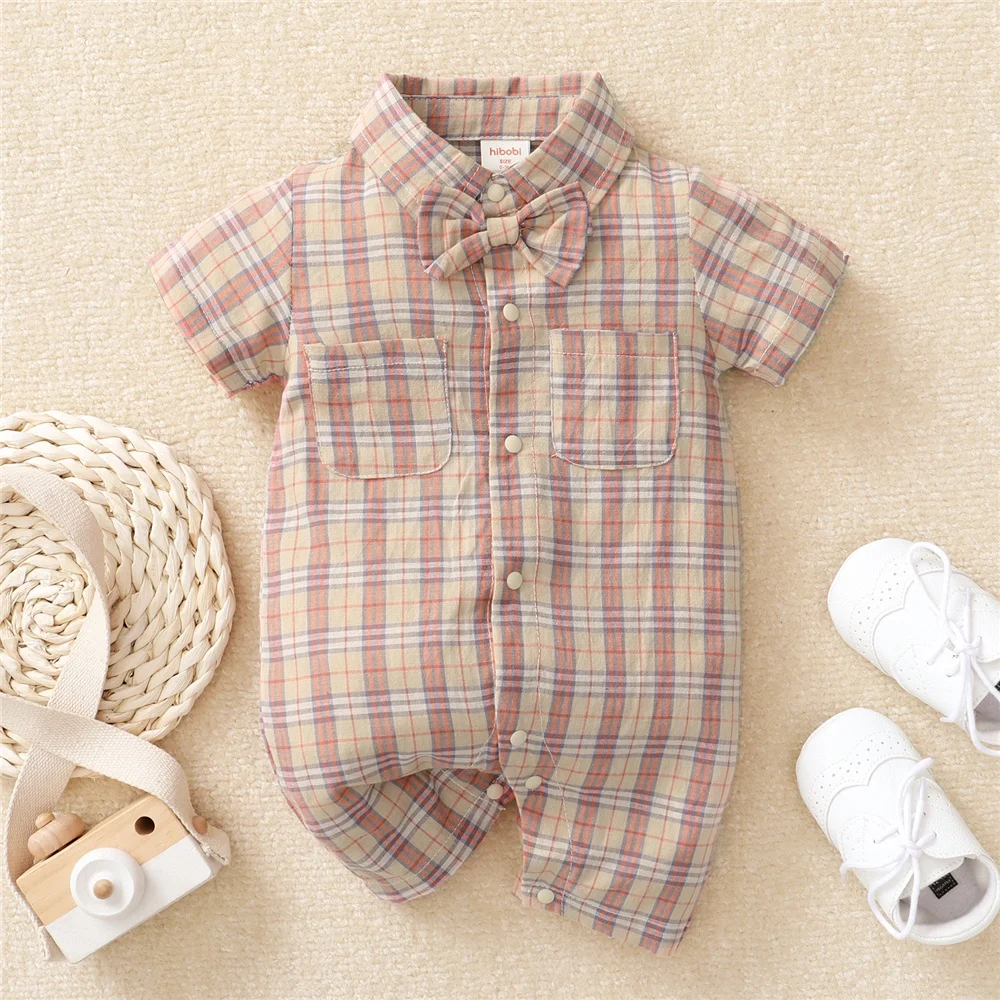 Infant Baby Boy Gentleman Bodysuit Turn-Down Collar Short Sleeve Plaid Romper Summer Fashion Jumpsuit Party Clothing for 0-18 M